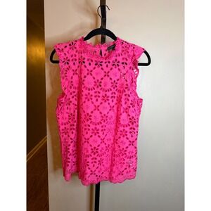 J.Crew Neon Pink Eyelet Mock Neck Ruffle Sleeveless Blouse Top Womens Medium